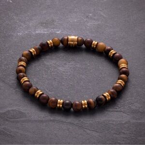 Stainless Steel Brushed Yellow IP-plated 6mm Matte Tigers Eye Stretch Bracelet
